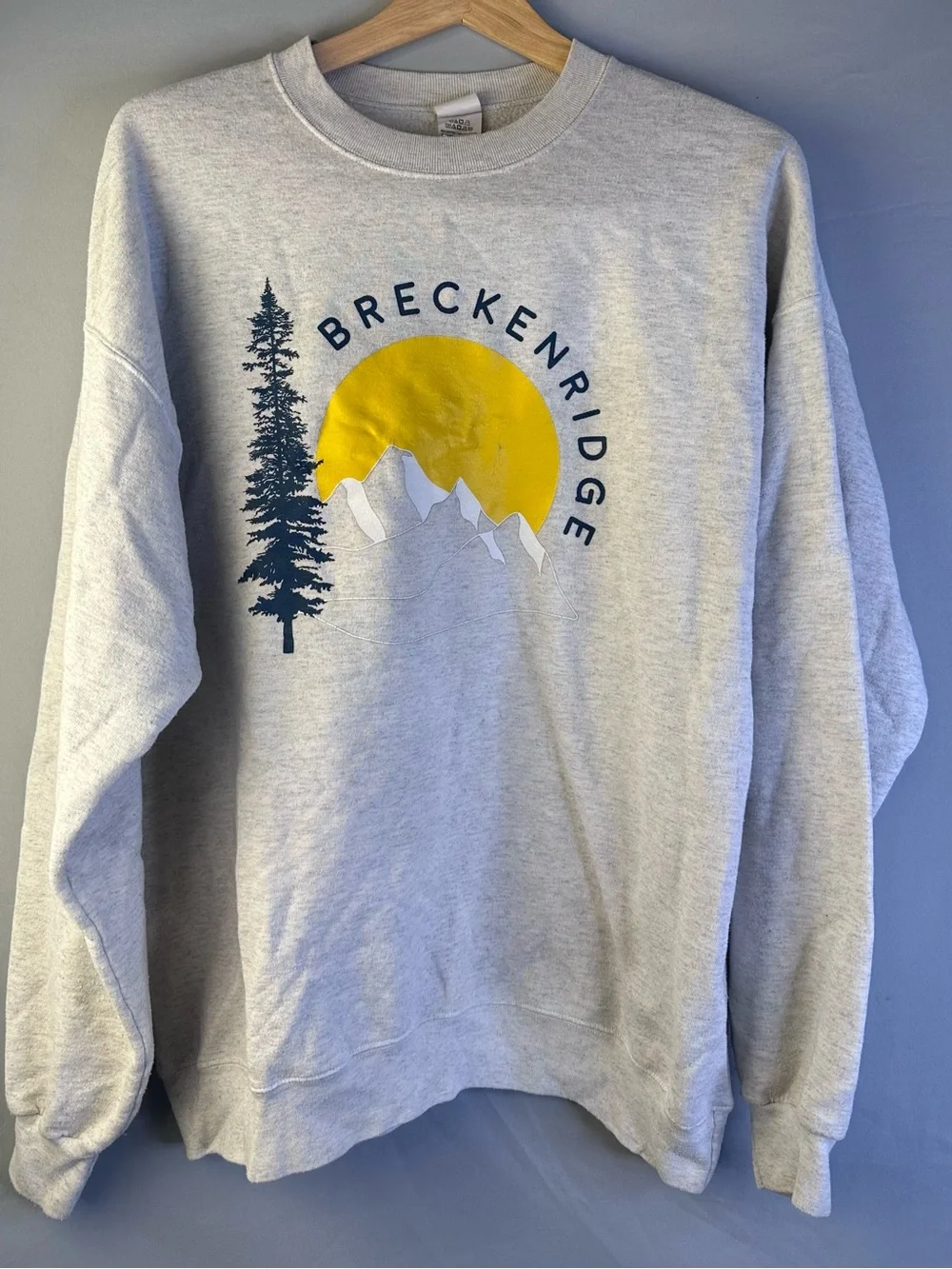 Hanes Light Gray Breckenridge Crewneck with Yellow Sun & Navy Tree Graphic